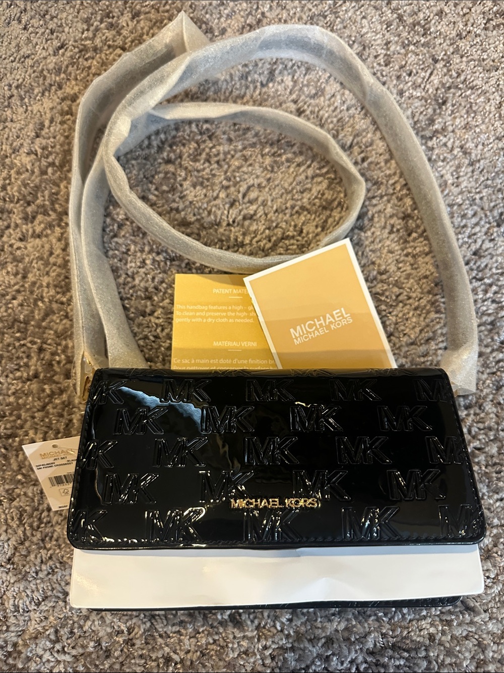 Michael Kors Black Patent MK Logo Crossbody with White Trim
